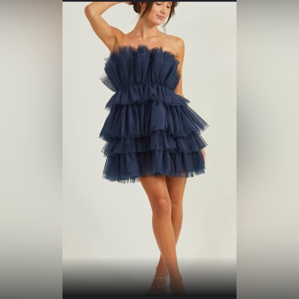 Altar'd State navy dark blue sheer chiffon Daria Tulle tutu mini Dress size L - Picture 3 of 5